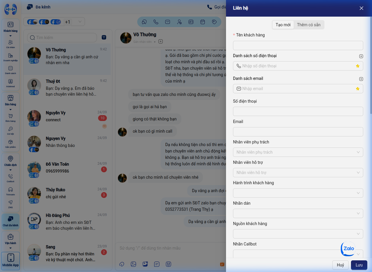 Tạo mới liên hệ trực tiếp từ khung chat