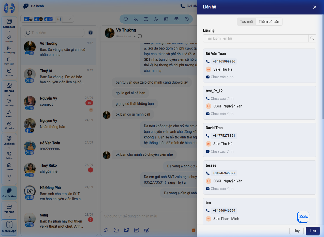 Liên kết hội thoại với liên hệ có sẵn trong CRM
