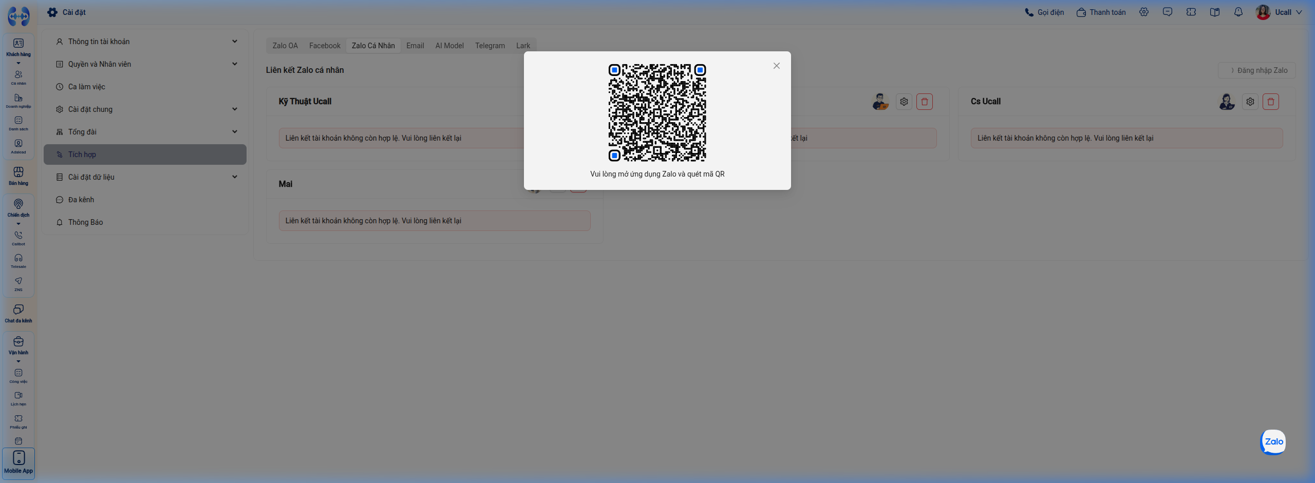 Hộp thoại quét mã QR để kết nối Zalo cá nhân