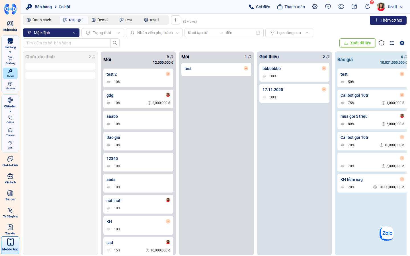 Chế độ xem Phễu bán hàng dạng luồng (Kanban Board)