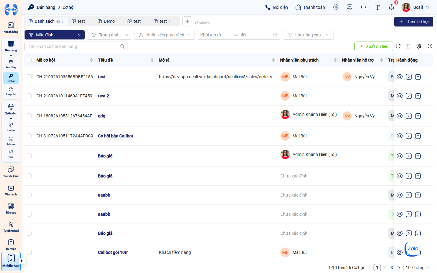 Không gian làm việc tổng quan phân hệ Cơ hội