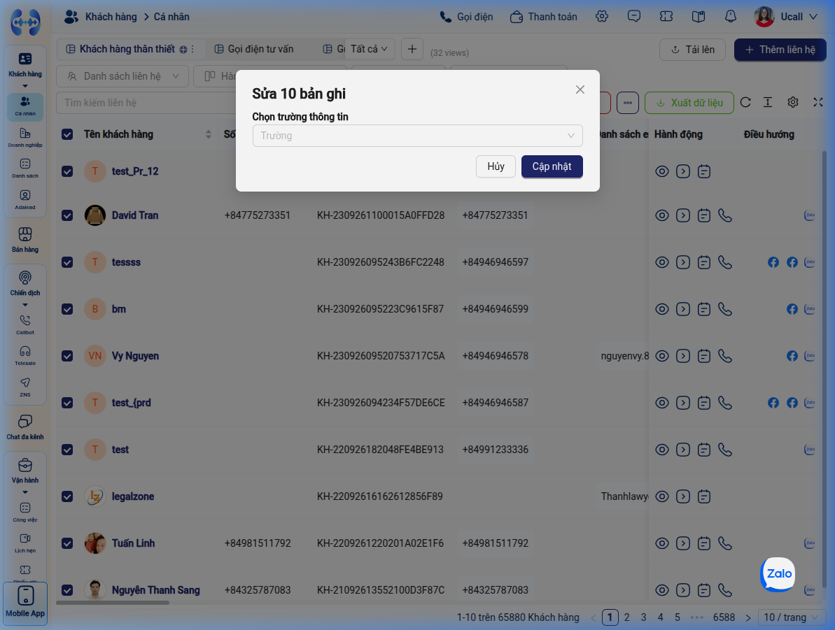 Mở modal Sửa hàng loạt