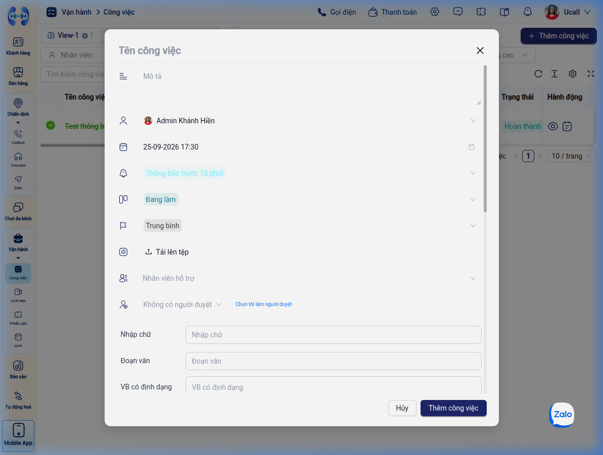 Form nhập liệu thêm công việc