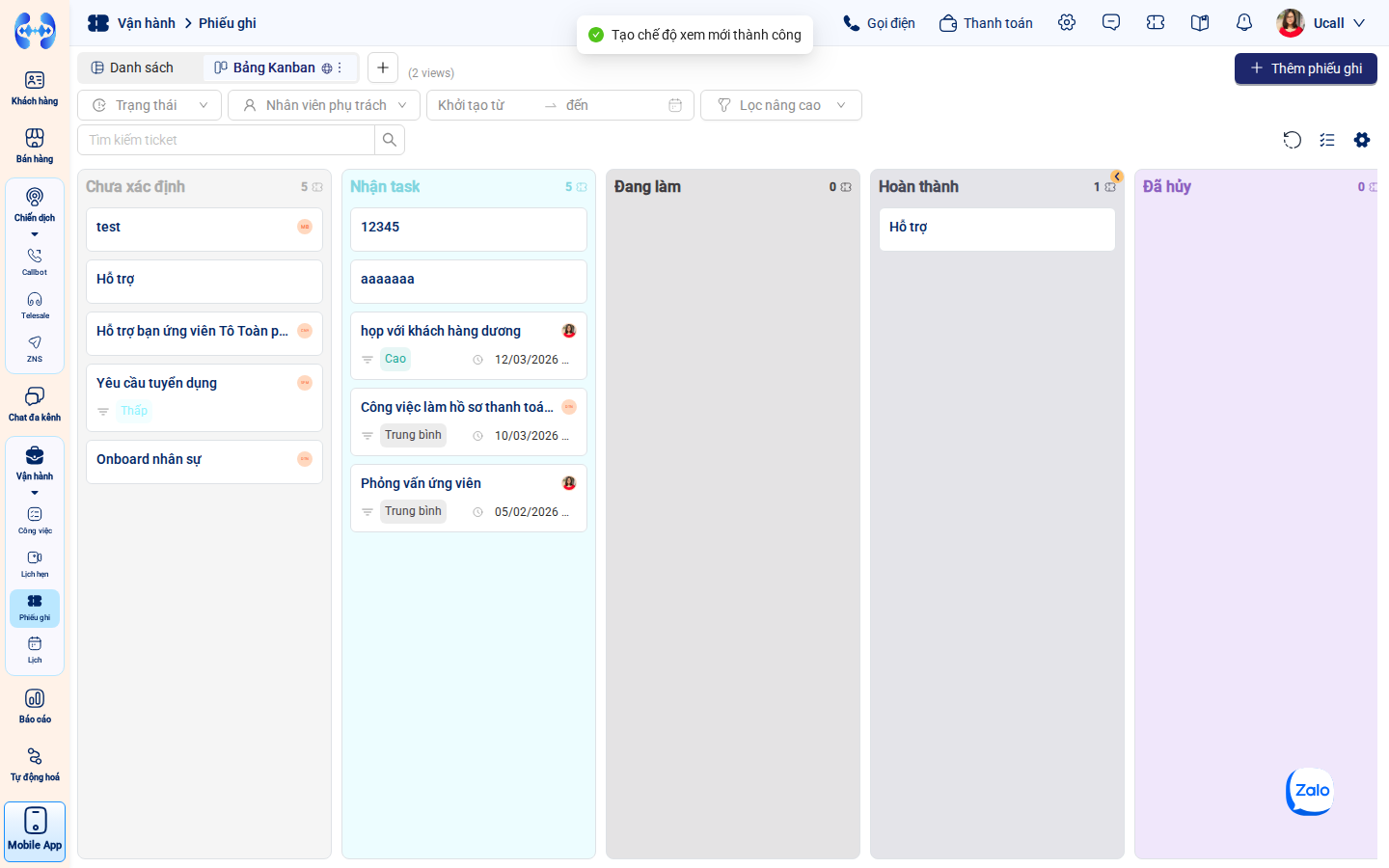 Chế độ xem Bảng Kanban cho Phiếu ghi