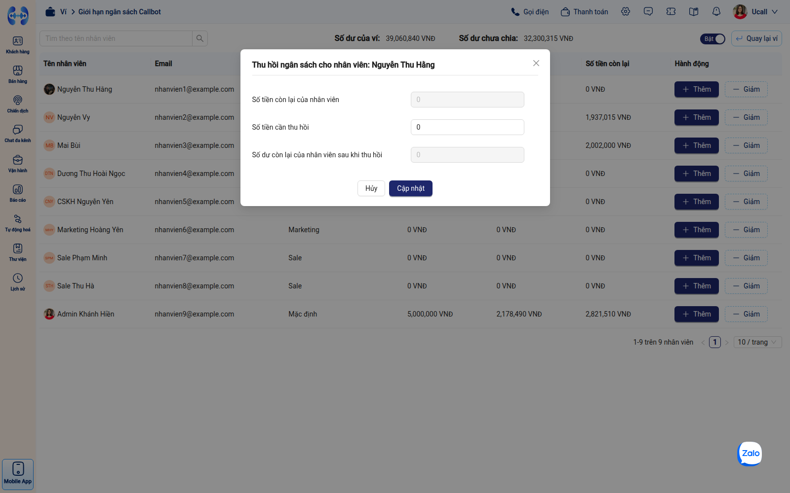 Modal giảm và thu hồi hạn mức ngân sách nhân viên