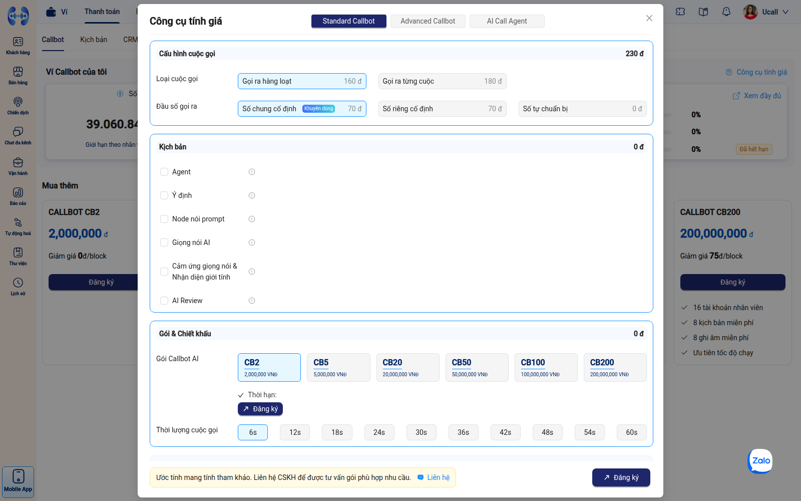 Công cụ tính giá Callbot AI