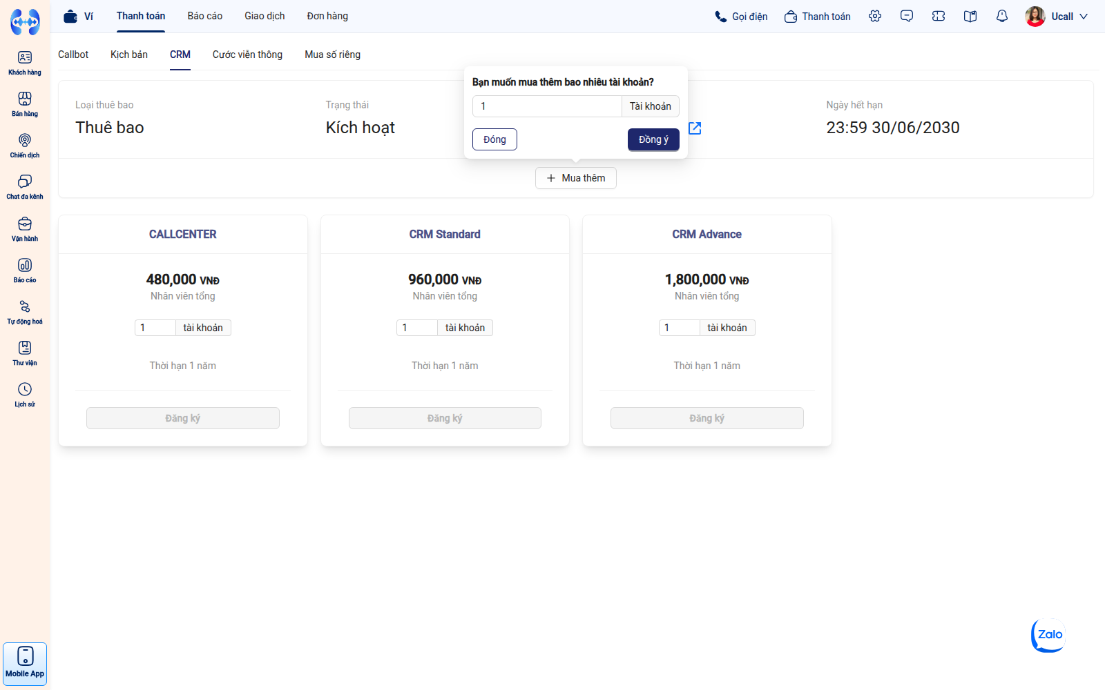 Thao tác mua thêm tài khoản nhân viên CRM