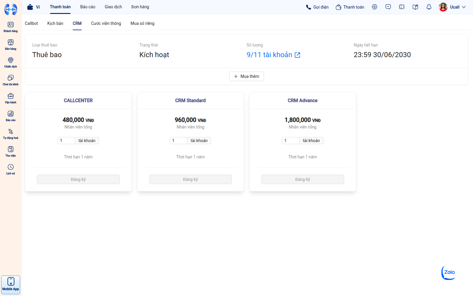 Màn hình quản lý gói thuê bao CRM